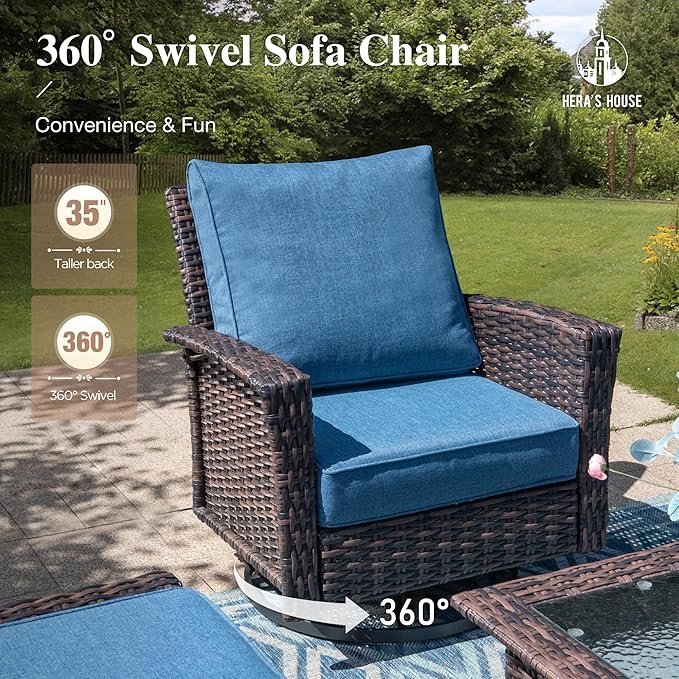 HERA'S HOUSE Patio Furniture Set, High Back Swivel Outdoor Chair with 5.5" Thick Cushions, Oversized Deep Seating Wicker Conversation Set for Lawn Backyard Deck, Navy Blue