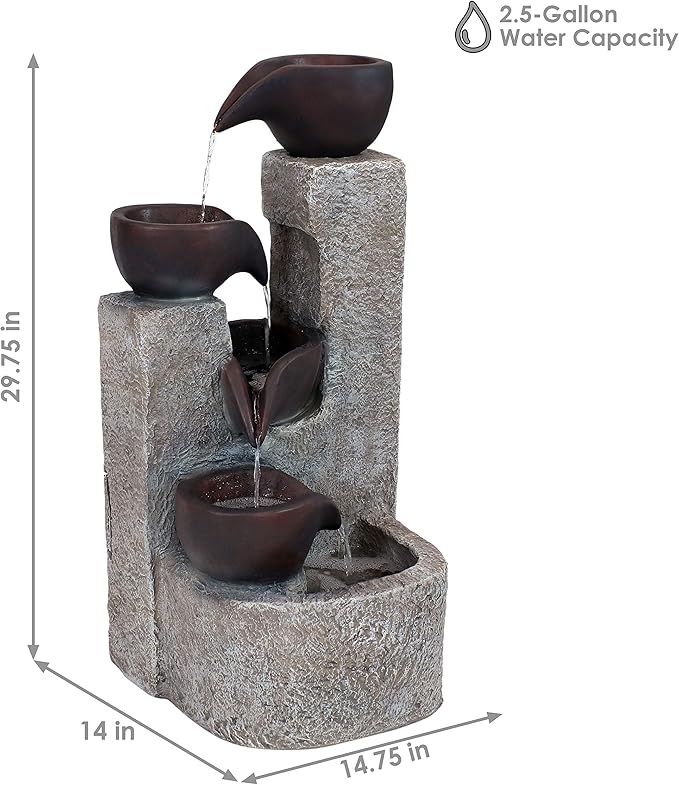 Sunnydaze Aged Tiered Vessels 29-Inch Solar Fountain with Battery Backup - Submersible Pump - Polyresin