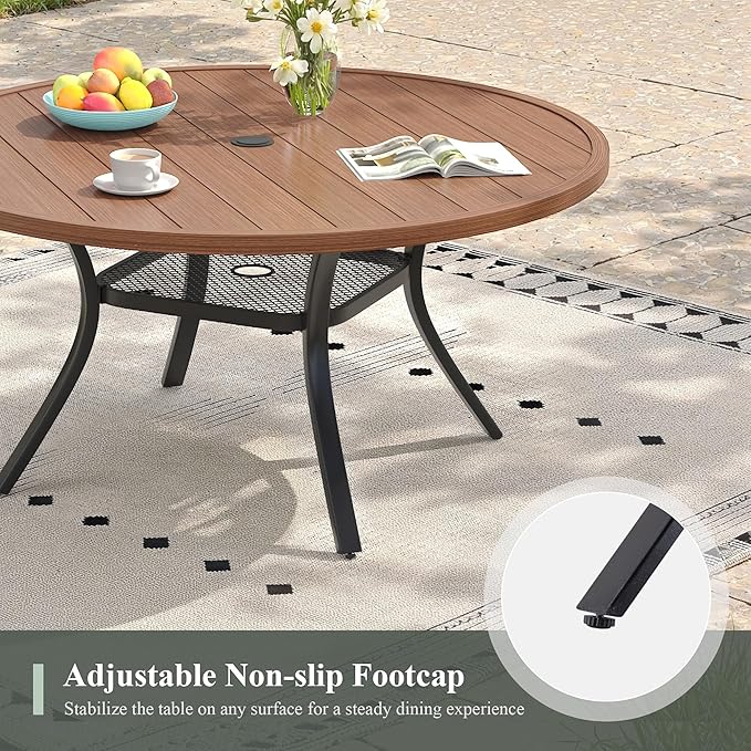 7 Pieces Outdoor Dining Set, Stackable Textilene Paito Chairs & 47.2" Round Dining Table with Umbrella Hole and Shelf, Patio Dining Set for Backyard, Deck, Garden, Brown & Walnut