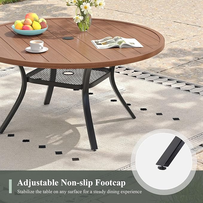 Outdoor Dining Set for 6, 47.2" Metal Round Outdoor Dining Table with Umbrella Hole and Wicker Stackable Patio Chairs, 7 Pieces Patio Table and Chairs Set for Garden Backyard, Walnut