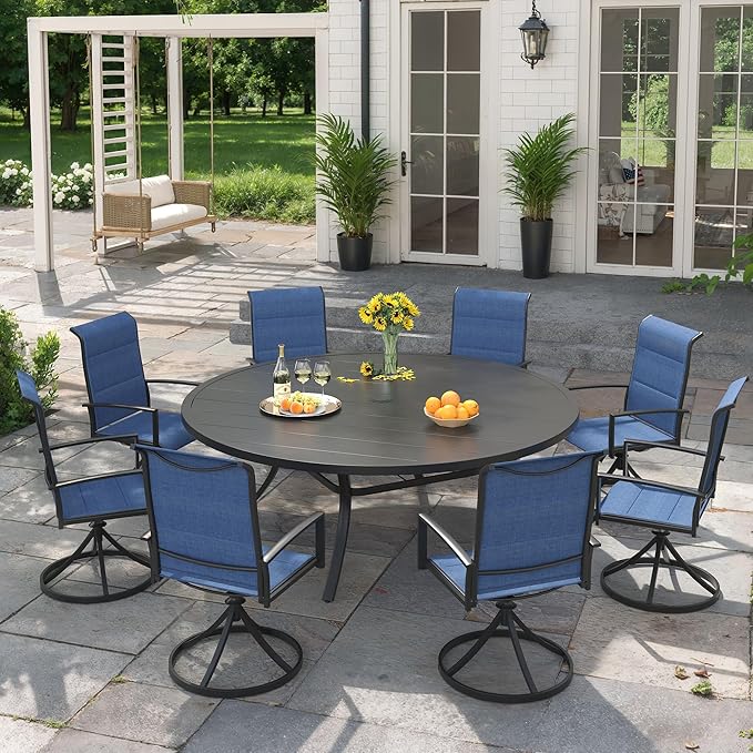 VICLLAX 9 Pieces Outdoor Dining Set, Patio Furniture Set Includes 60" Round Metal Table W/ 1.9" Umbrella Hole and 8 Padded Textilene Swivel Chairs for Porch, Lawn, Garden, Backyard