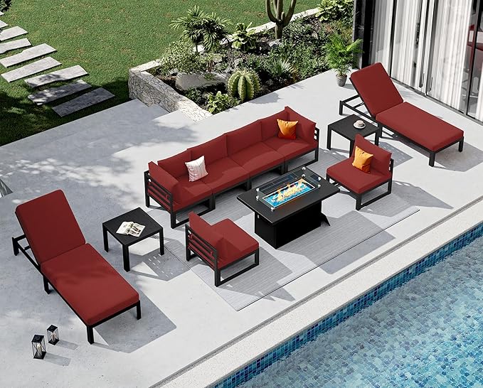 NICESOUL 11 Pcs Aluminum Patio Sectional Furniture Set with Lounge & Fire Pit Table, 500 lbs Heavy Duty Anti-Rust Outdoor Couch, 29" Deep Wide Seat, High End Conversation Sofa for Poolside, Burgundy