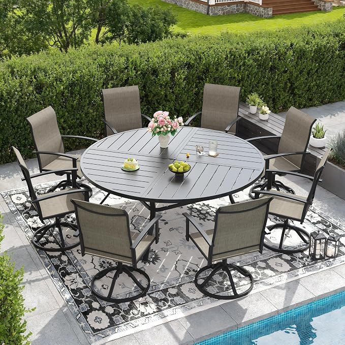 DIFY 9 Pieces Outdoor Dining Set, Metal Patio Table and Chairs Set for 8 with Umbrella Hole, 63" Black Round Table and Brown Textilene Swivel Patio Chairs for Garden, Backyard, Poolside