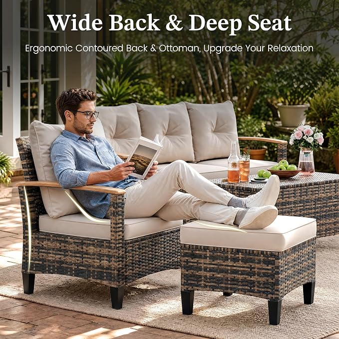 UDPATIO Patio Furniture Set, 6 Pieces Outdoor Wicker Conversation Set with 2 Ottomans & Storage Table for Lawn, Porch, Garden, Backyard, Khaki