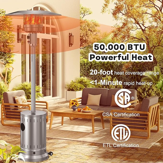 DIAMONDFORGE 50,000 BTU Stainless Steel Patio Heater - Propane Patio Heater with Double-Layer Stainless Steel Burner, Space Heater, Outdoor Heaters with Wheels Used for Garden, Patio and Residential