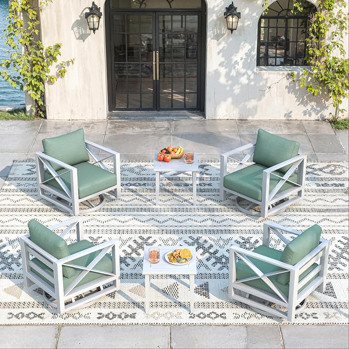 Aluminum Outdoor Patio Furniture Set with Swivel Chairs, 9-Piece Outdoor Sectional with 5.2" Thick Cushions, Patio Conversation Sets for Backyard,(White,6 Seats)