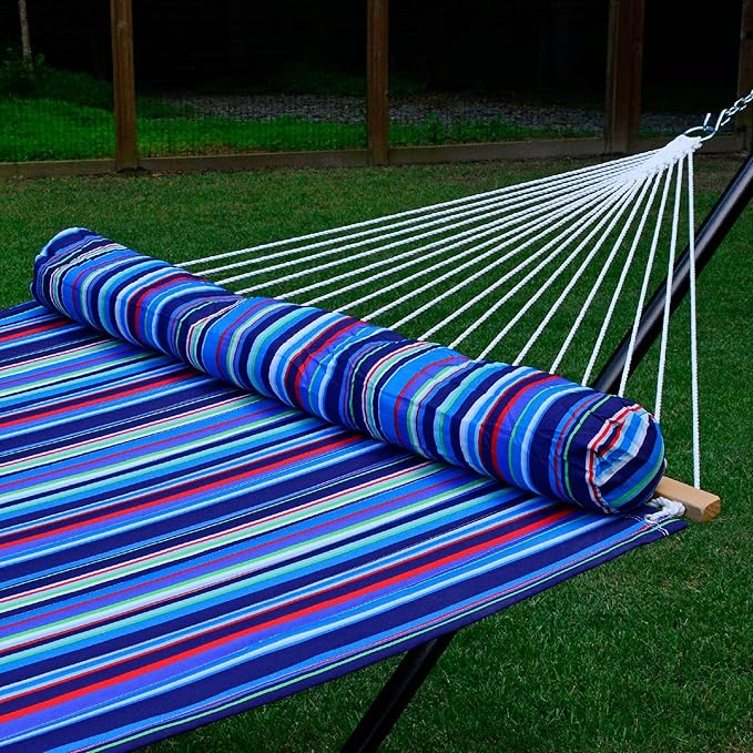156" x 55" Blue and Red Reversible Quilted Outdoor Hammock with Bolster Pillow
