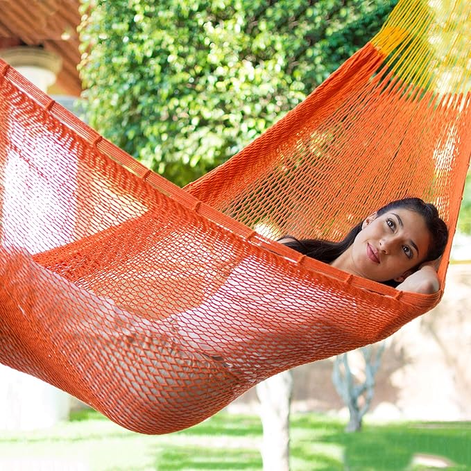 NOVICA Bright Orange Hand Woven Cotton Mayan 1 Person Rope Hammock with Hanging Accessories, 'Mango Paradise' (Single)