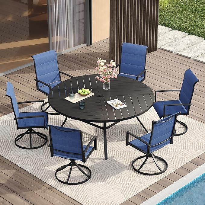VICLLAX Patio Dining Set for 6, 6 Seats Outdoor Furniture Includes 53.1" Round Patio Table and Swivel Padded Chairs, Black Tabletop and Blue Fabric