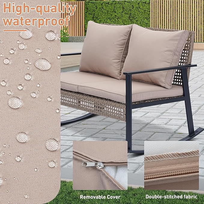 Ainfox Patio Furniture Set 4 Pieces, Patio Wicker Rattan Swivel Rocker, Outdoor Swivel Rocking Chairs Set with Loveseat, Garden Conversation Bistro Sets for Porch, Pool, Backyard Khaki