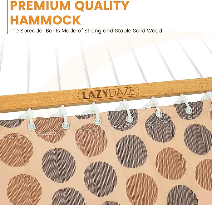 Lazy Daze Hammocks 12FT Quilted Fabric Hammock with Soft Pillow, Double 2 Person Tree Hammock with Spreader Bar for Outside Patio Poolside Backyard Beach, 450 lbs Capacity, Amber Dots