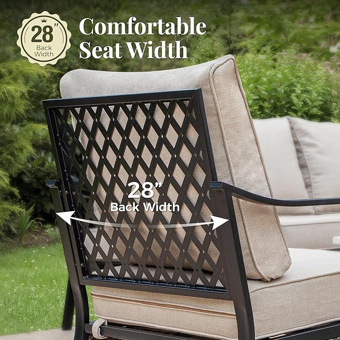 Patio Furniture Set with Fire Pit Table, Metal Outdoor Conversation Set with 5.75'' Extra Thick Cushion, 2 Swivel Chairs, Loveseat Sofa, 3-Seat Sofa and Gas Fire Pit Table, Beige