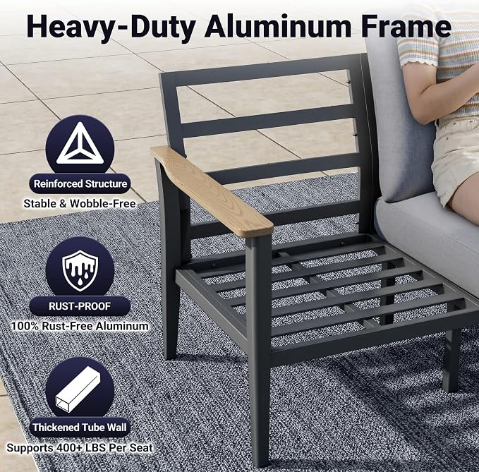 Aluminum Outdoor Patio Furniture Set, 10-Piece Sectional Sofa with 5.1" Thick Cushions, Swivel Rocking Chairs, 55,000 BTU Fire Pit Table, Outdoor Couch for Backyard, Deck, Gray
