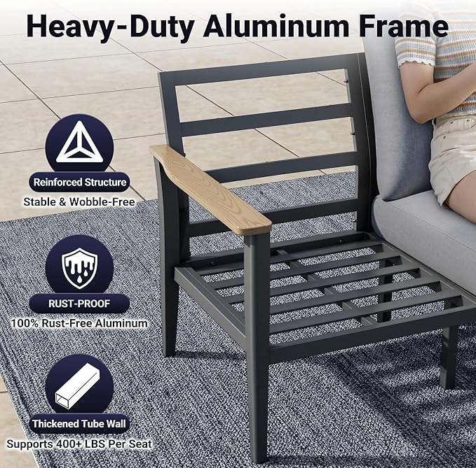 Aluminum Outdoor Patio Furniture Set, 6-Piece Sectional Sofa with 5.1" Thick Cushions, Swivel Rocking Chairs, 55,000 BTU Propane Fire Pit Table, Outdoor Couch for Backyard, Deck, Gray