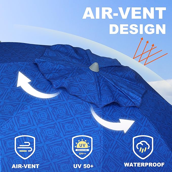 AMMSUN Beach Umbrella With Sand Anchor & Table Tray, 6.5ft Portable Heavy Duty Sun Outdoor Umbrella, UV 50+ Protection, Carry Bag for Patio, Pool and Garden, Blue
