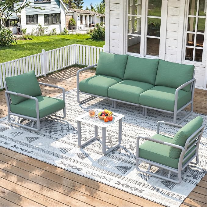 5-Seat Outdoor Aluminum Patio Set with Coffee Tables & 2 Swivel Rocking Chairs, All-Weather Conversation Sofa for Balcony, Garden (White)
