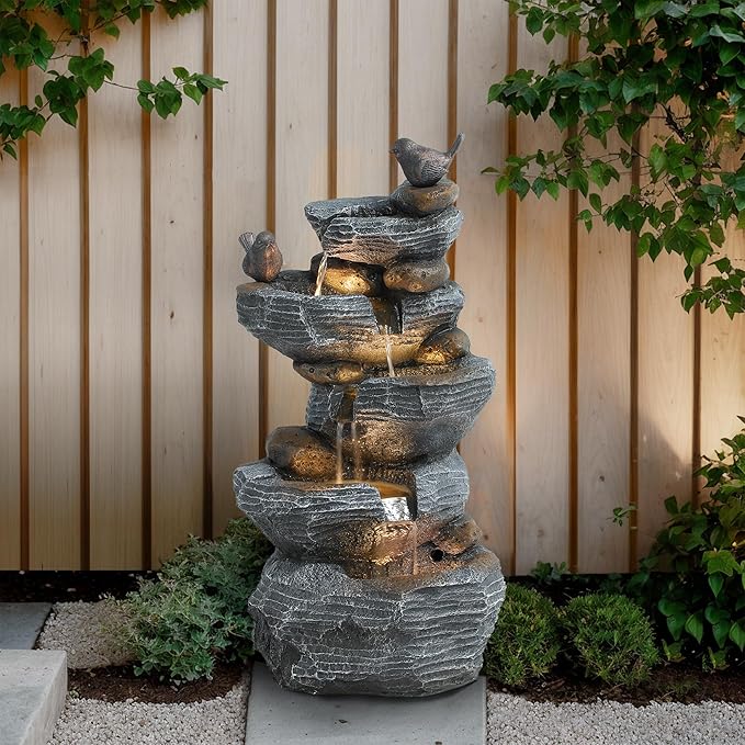 Bird Outdoor Water Fountain, 5 Tiered Waterfall Fountains with LED Lights, Garden Waterfalls Outside, Modern Cascading Rock Fountain for Garden, Yard, Patio, Home Decor