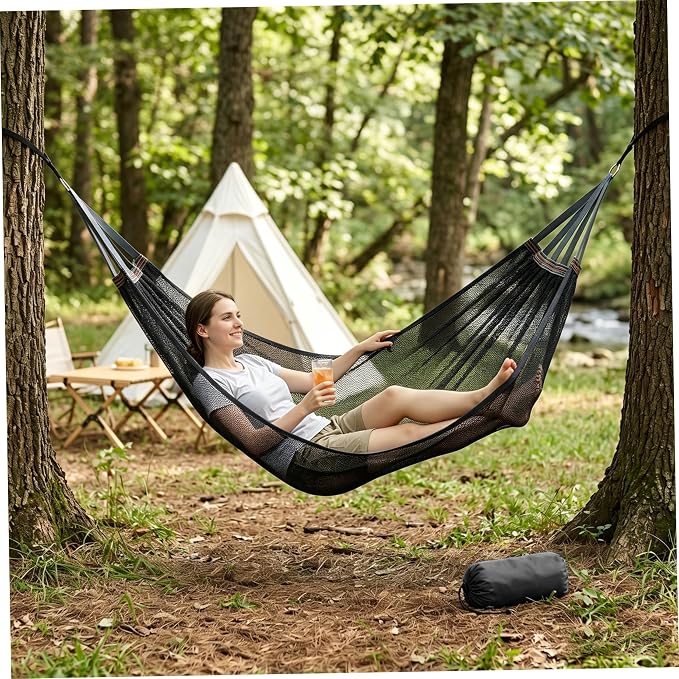 Camping Hammock Lightweight Portable, Anti-roll Breathable Mesh Outdoor Hammock with Tree Straps & Carry Bag, Black (102.36x51.18in)