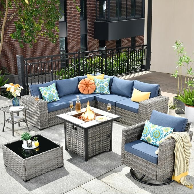 HOOOWOOO Outdoor Patio Sectional Furniture Sofa Set with Propane Gas Fire Pit Table,9 Piece Modern Wicker Couch with Swivel Chair,Modular L Shaped Conversation Seating Set with Wide Arm(Denim Blue)