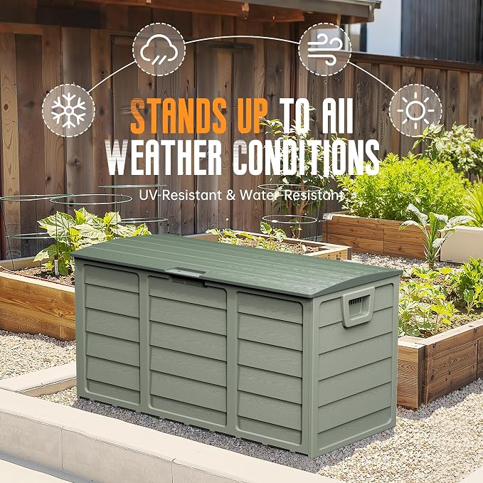Crownland Outdoor 75 Gallon Storage Deck Box, Weatherproof Woodgrain Patio Storage Box for Balcony, Garden, Backyard (Green)