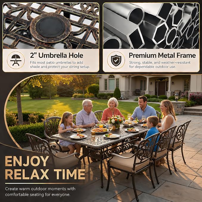 9-Piece Cast Aluminum Outdoor Dining Set Retro Patio Dining Set for 8 Includes 86.6’’ Rectangular Table and 8 Chairs with Removable Cushion and Umbrella Hole for Patio Deck Garden Porch