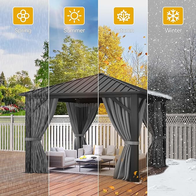 DWVO 10x10ft Hardtop Gazebo with Nettings and Curtains, Heavy Duty Galvanized Steel Outdoor Vertical Stripes Roof for Patio, Backyard, Deck, Lawns, Grey
