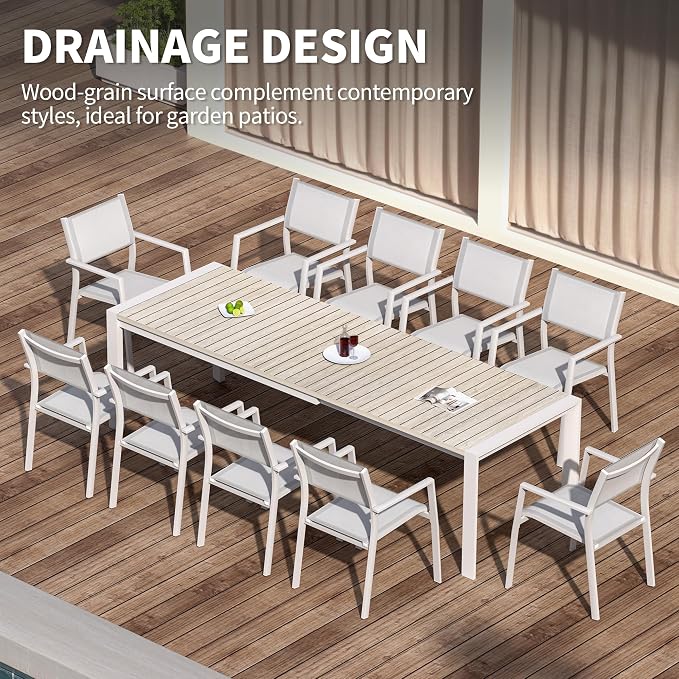 Outdoor Patio Furniture Set 11 Piece, Extendable Patio Dining Table for 6-10 People and 10 Patio Dining Chairs with Armrest, All-Weather Aluminum Patio Dining Furniture Set for Garden Lawn