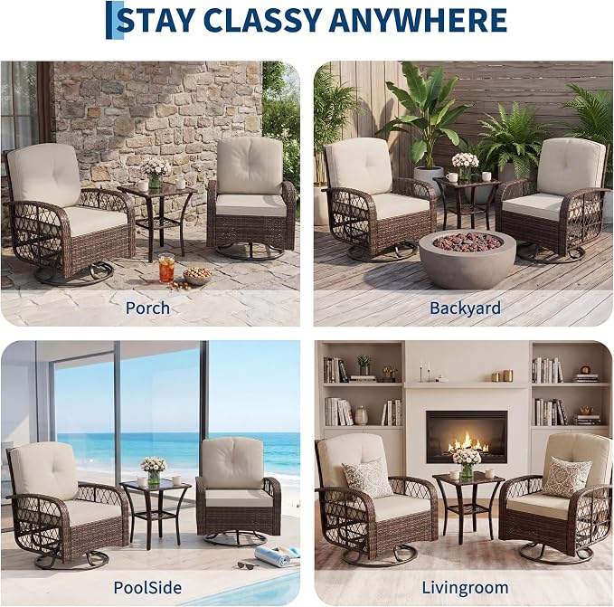 3 Pieces Patio Furniture Set, Outdoor Swivel Glider Rocker Set w/Washable Cushion and Tempered Glass Tabletop, Conversation Furniture for Deck Porch Balcony Backyard Garden,Brown & Beige
