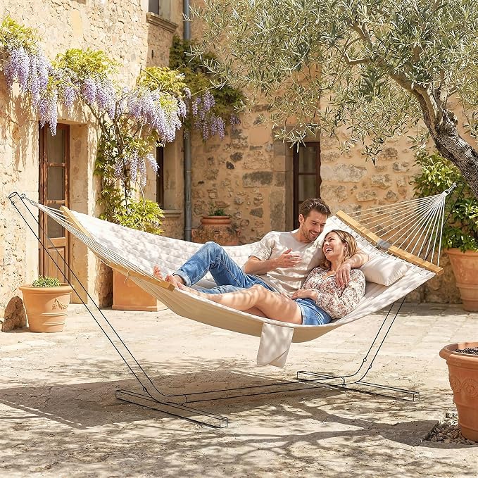 Outdoors 2-Person Hammock with Pillows & Pad Cream White Beechwood Spreader Bars 128in L 440lb Capacity