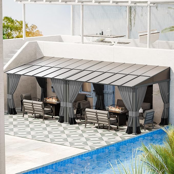 10' x 24' Lean to Gazebo,Large Wall Mount Heavy Duty Gazebos Pavilion,Outdoor Hardtop Pergola Shelter with Curtains and Netting,Sunshade for Patio Garden Lawn Backyard Deck,Grey