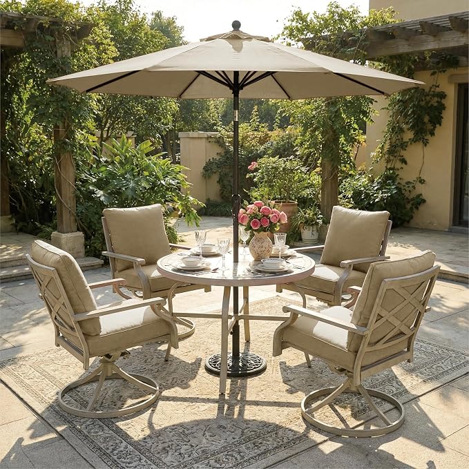 5-Piece Patio Dining Set, 4 Swivel Chairs with Removable Thickened Cushions & a 3D Textured Table with Umbrella Hole, All-Weather Furniture for Backyard, Garden, Lawn, Beige