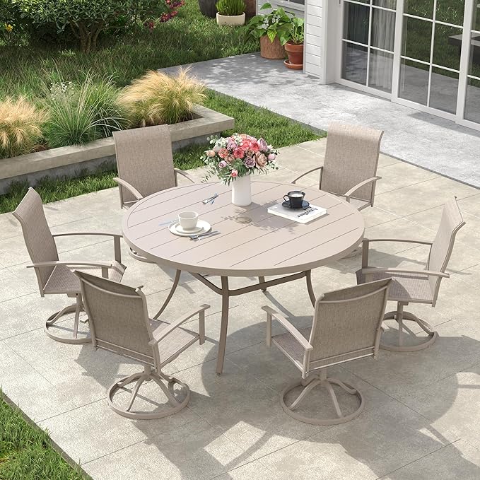 VICLLAX Outdoor Table and Chairs Set for 6, Patio Dining Set of 50 Metal Round Patio Table with Umbrella Hole & 6 Swivel Outdoor Dining Chairs for Backyard Lawn, Sandshell