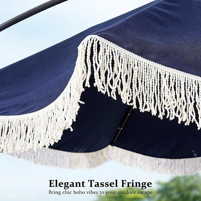MONDAWE 10FT Cantilever Patio Umbrella with Tassels, 360° Rotation Offset Outdoor Umbrella, Heavy Duty Backyard Shade Umbrella with 180G Fabric for Patio Garden Deck
