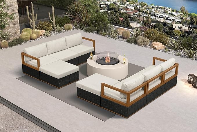 PURPLE LEAF Patio Outdoor Furniture Set 8 Pieces, Premium Leather Outdoor Couch Sectional Sofa, Patio Couch with Olefin Cushions, Patio Conversation Sets for Porch, Balcony, Garden, Black