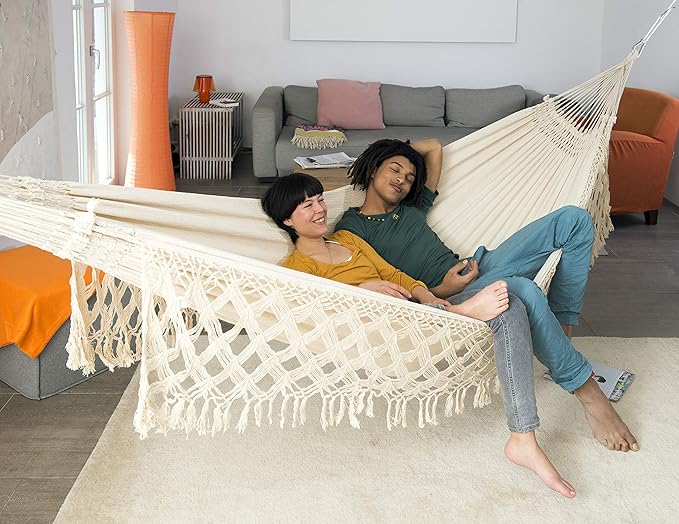 BYER OF MAINE Paradiso Hammock, Authentic Brazilian, Boho Style Natural, Recycled Cotton/Polyester Blend, Double, 142" L x 68" W, Holds up to 400lbs