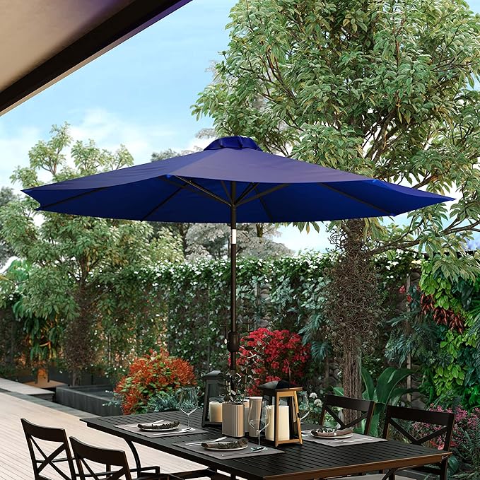 EMMA + OLIVER 9' Navy Outdoor Patio Umbrella With Easy To Use Crank And Tilt Function - Round Patio Table Umbrella with 1.5" Diameter Steel Pole