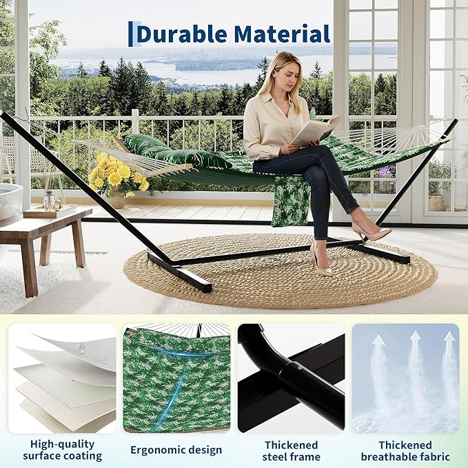 Double Hammock with Stand for Outdoor Use – 2-Person Portable Hammock with Curved Spreader Bar & Balance Ropes, Heavy Duty 450 LBS Capacity for Backyard, Patio & Camping, Green