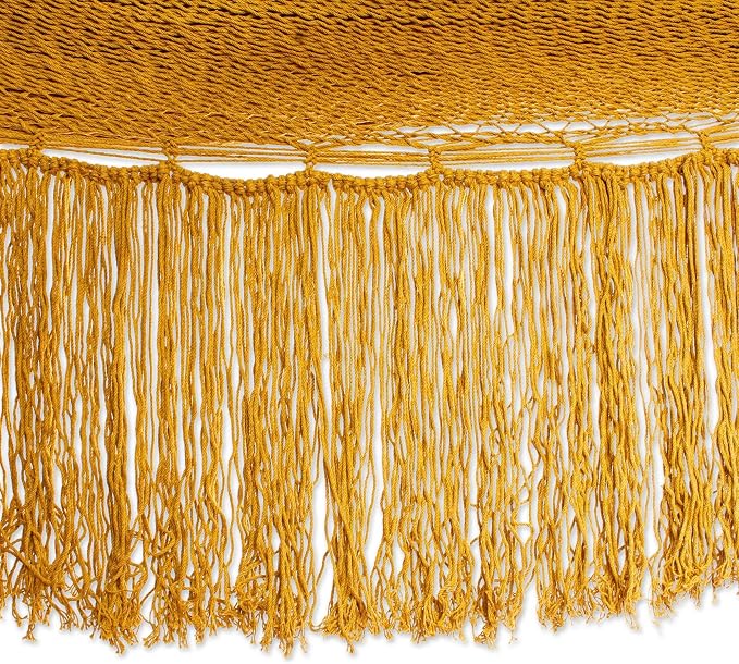 NOVICA Artisan Handmade Cotton Rope Hammock Fringed Amber Yellow from Mexico Double Solid Tropical Decor [Bed Size 75in L x 79in W Total Length 142in L Fringe 15.75in L] ' Amber Cascade' Double
