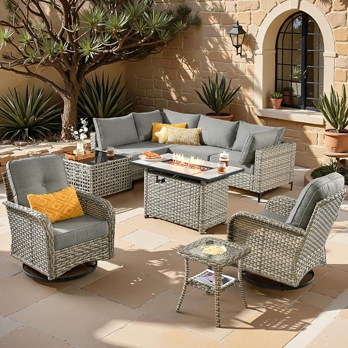 Outdoor Sectional Patio Furniture Set,9 Pieces All Weather Rattan Wicker Conversation Sets with Fire Pit,Out Door Furniture with Swivel Chairs Glowing Coffee Table,Dark Grey