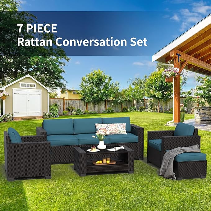 SHGJ&SOFT 7 Piece Patio Furniture Set, Wicker Outdoor Sectional Sofa with Washable Cushion Covers and Tempered Glass Table, Rattan Conversation Set for Poolside