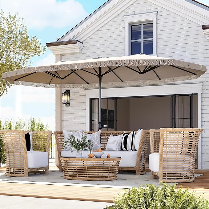 Outsunny 15FT Extra Large Patio Umbrella with Fringe, UPF30+ Double-Sided Market Umbrella with Easy Crank Handle, 2 Vents for Garden Pool Lawn