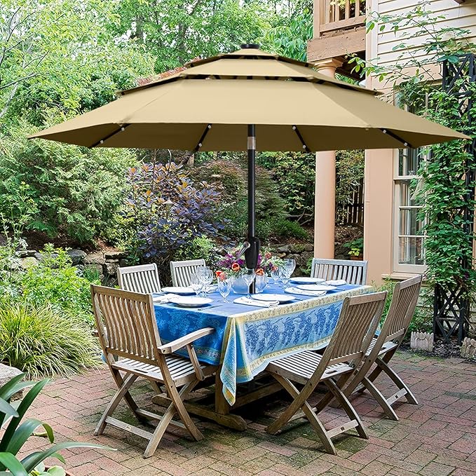 ABCCANOPY 3-Tiers 10FT Solar Patio Umbrella, Outdoor Umbrella with 32 LED Lights for for Deck, Pool, Garden, Backyard (Khaki)