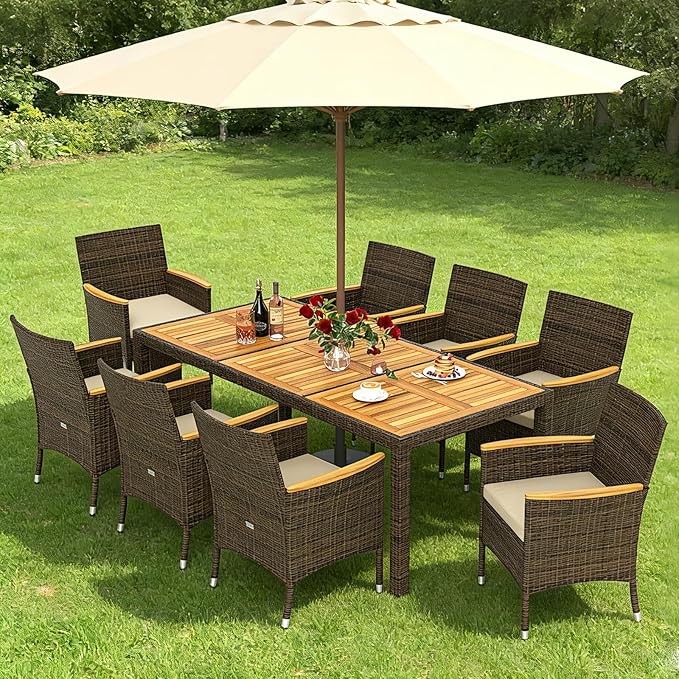 COSTWAY 9-Piece Patio Dining Set for 8, Outdoor Rattan Wicker Table and Chairs Furniture Set with Umbrella Hole, Acacia Wood Tabletop for Backyard, Balcony, Poolside, Brown & Beige