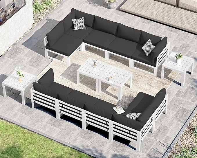 NICESOUL Large Luxury Aluminum Outdoor Sectional Sofa with Side Table, Weather Resistant Modular Patio Furniture Set for 10 People, 500 lbs Heavy Duty Conversation Couch for Poolside Lawn, Black