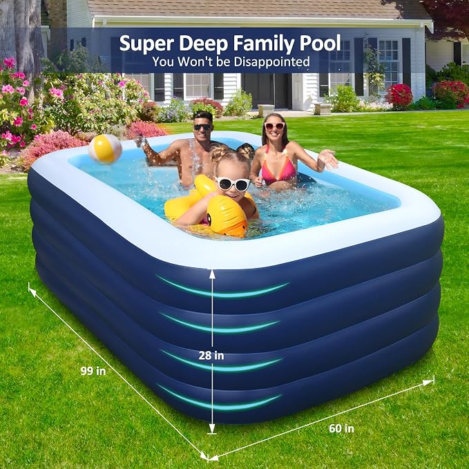 Inflatable Pool for Kids and Adults with No Collapse, 100" X 60" X 30" Deepened Swimming Pool for Toddlers, Outdoor, Garden, Backyard
