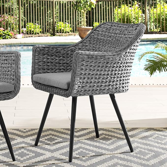 Modway Endeavor Wicker Rattan Aluminum Outdoor Patio Dining Arm Chair with Cushions in Gray Gray