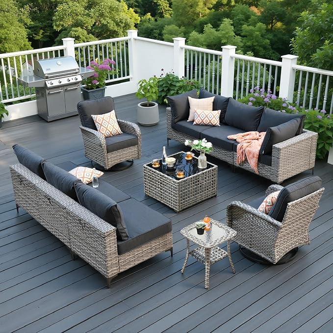 10 Pieces Patio Sectional Furniture Set, Outdoor Wicker Sectional Couch with High Back Swivel Rocker Chairs Solar Lights Table, Modern Conversation Set for Porch Balcony Backyard, Black
