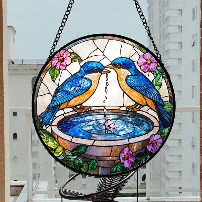 DASTOLL Stained Glass Window Hanging, 2 Blue Birds Suncatcher Diamond Glass Panel Hangings Bird Lover Sun Catchers Decor for Birthday for Women, Men, Wife, Aunt, and Mom 14.9 in
