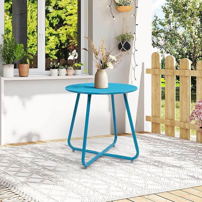Patio Small Side Table Waterproof Round Metal Steel Weather Resistant Portable Outdoor and Indoor End Table for Garden Balcony Yard,Sky Blue(4 PCS)