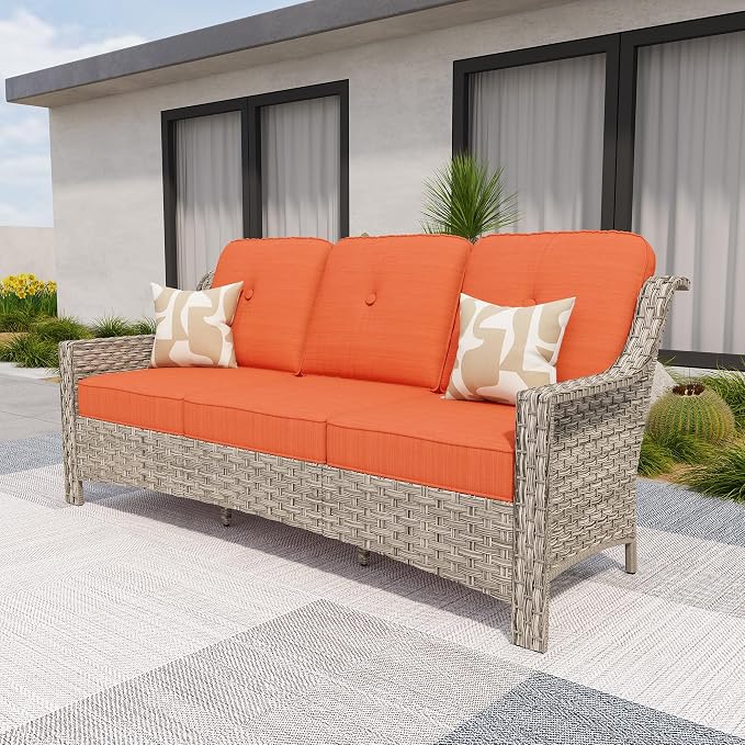 HOOOWOOO Patio Couch,Outdoor Wicker 3 Seater Sofa,All Weather Resistant High Back Rattan Deck Matching Furniture(Orange Red)